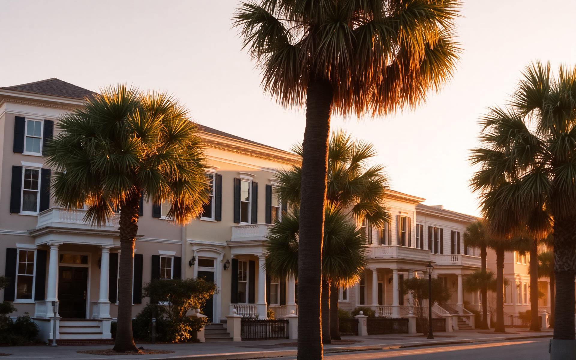 Historic Charleston street lined with palmetto trees at golden hour